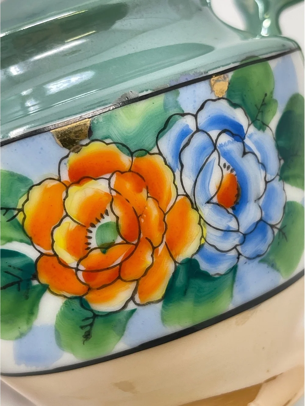 Vintage Lusterware Covered Sugar Bowl Hand Painted Floral Green Maple Ware Japan